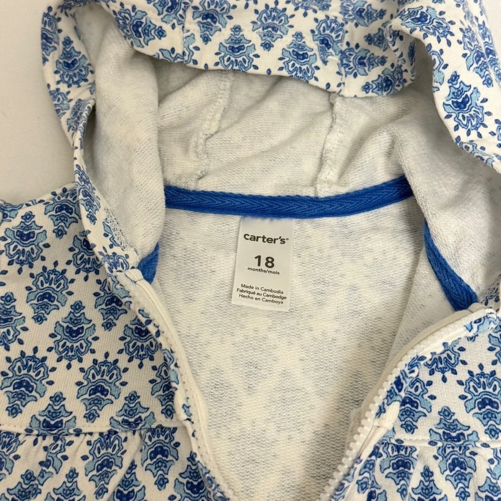Carters Baby Girl Blue White Damask Print Zip Up Peplum Hoodie Jacket 18 Months